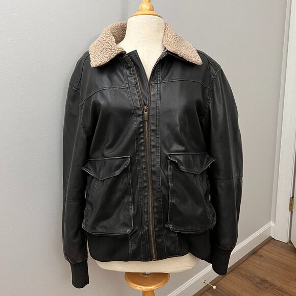ChapsBomber Aviator Faux LeatherJacket Detachable Curly Shearling Collar Sz L